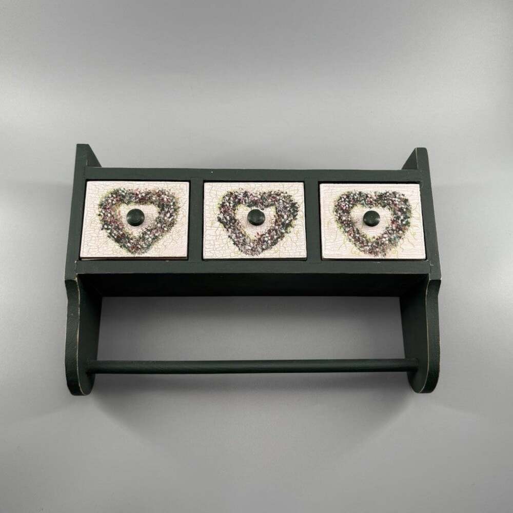 Vintage 1998 Teamson Cottage Core Wood Wall Shelf 3 Drawers Floral Heart Decor